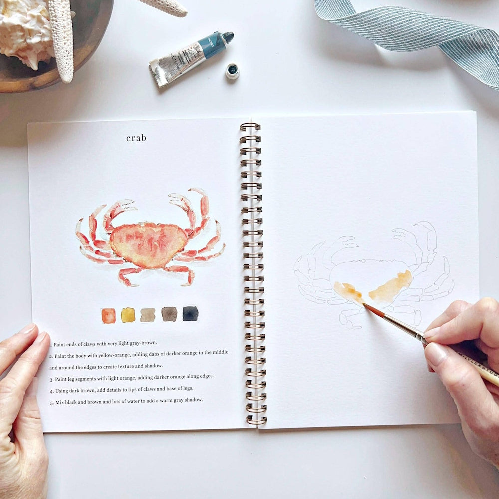 Watercolor workbook page showing a crab painting tutorial with step-by-step instructions and a color palette.