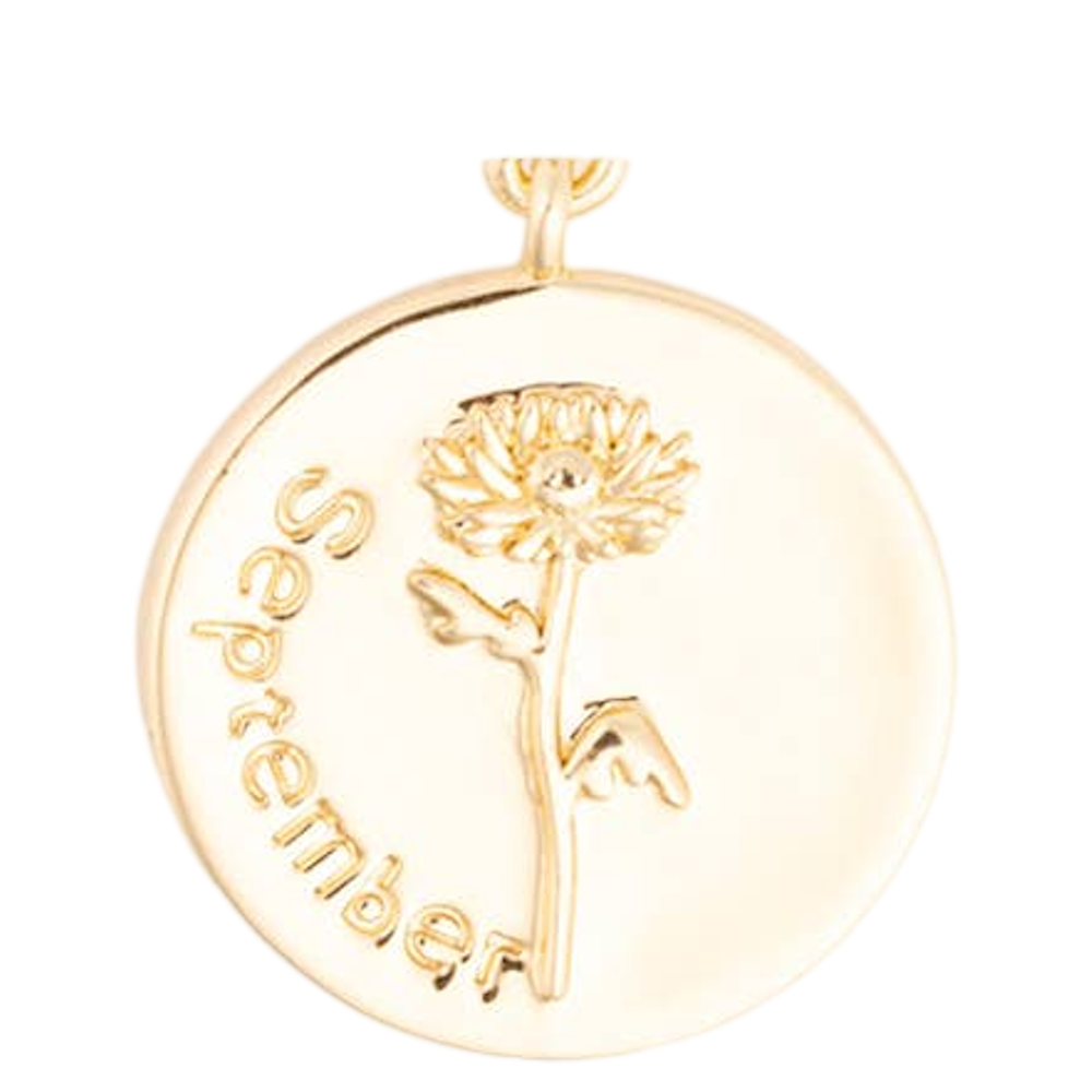 Round gold pendant charm featuring an engraved aster flower and the word "September".