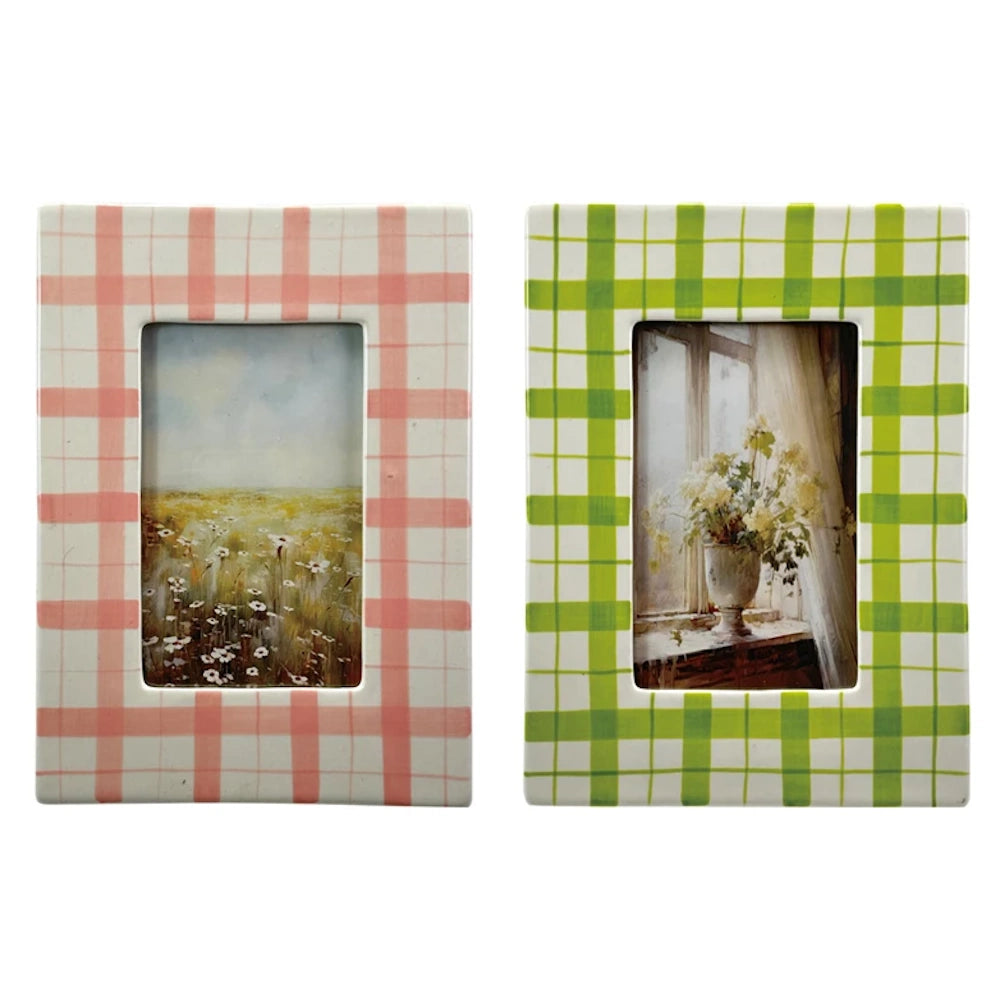 Set of 2 plaid pattern ceramic frames with meadow and window floral prints for shelf styling.
