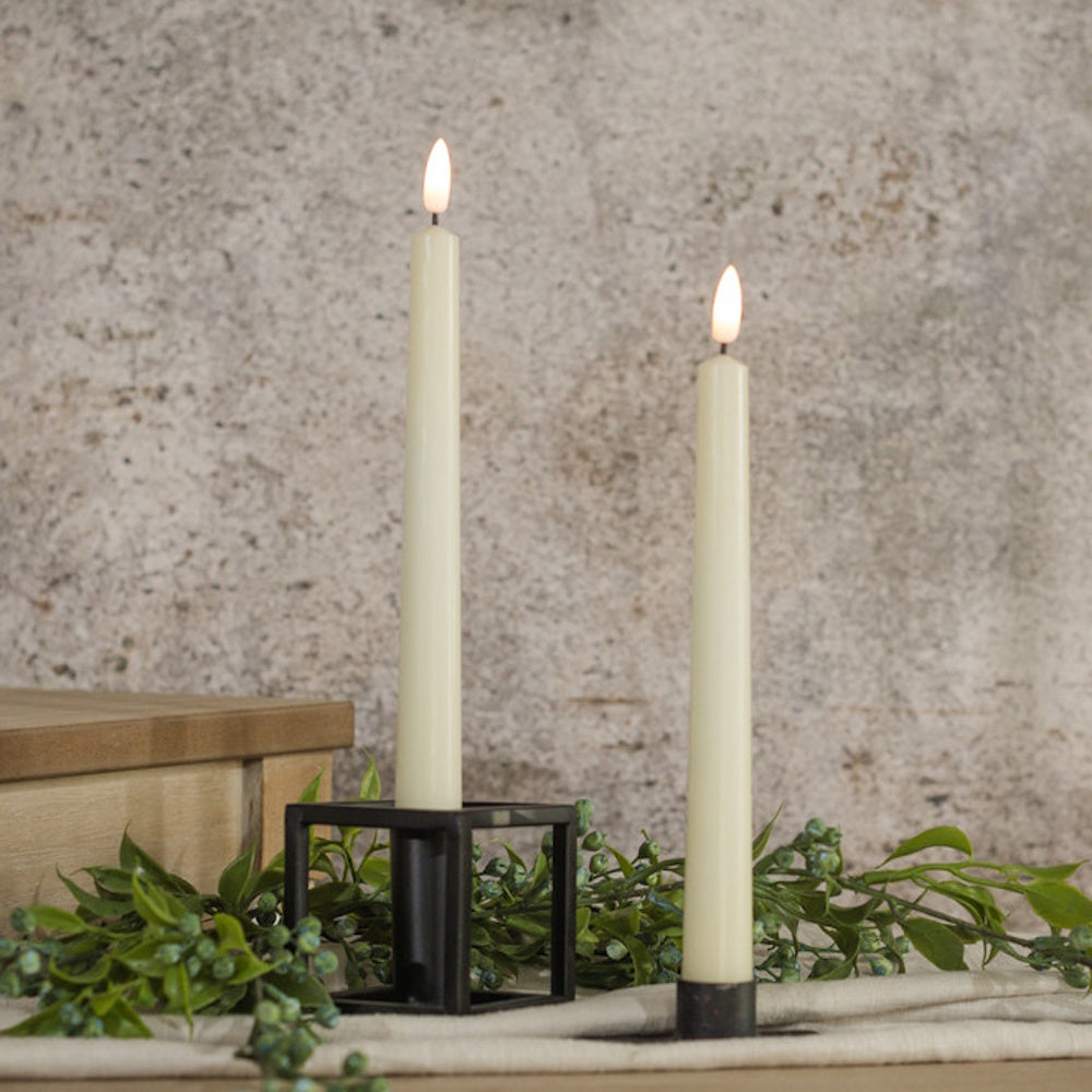 Two cream taper candles glow in black holders surrounded by green leafy garland against a textured wall.