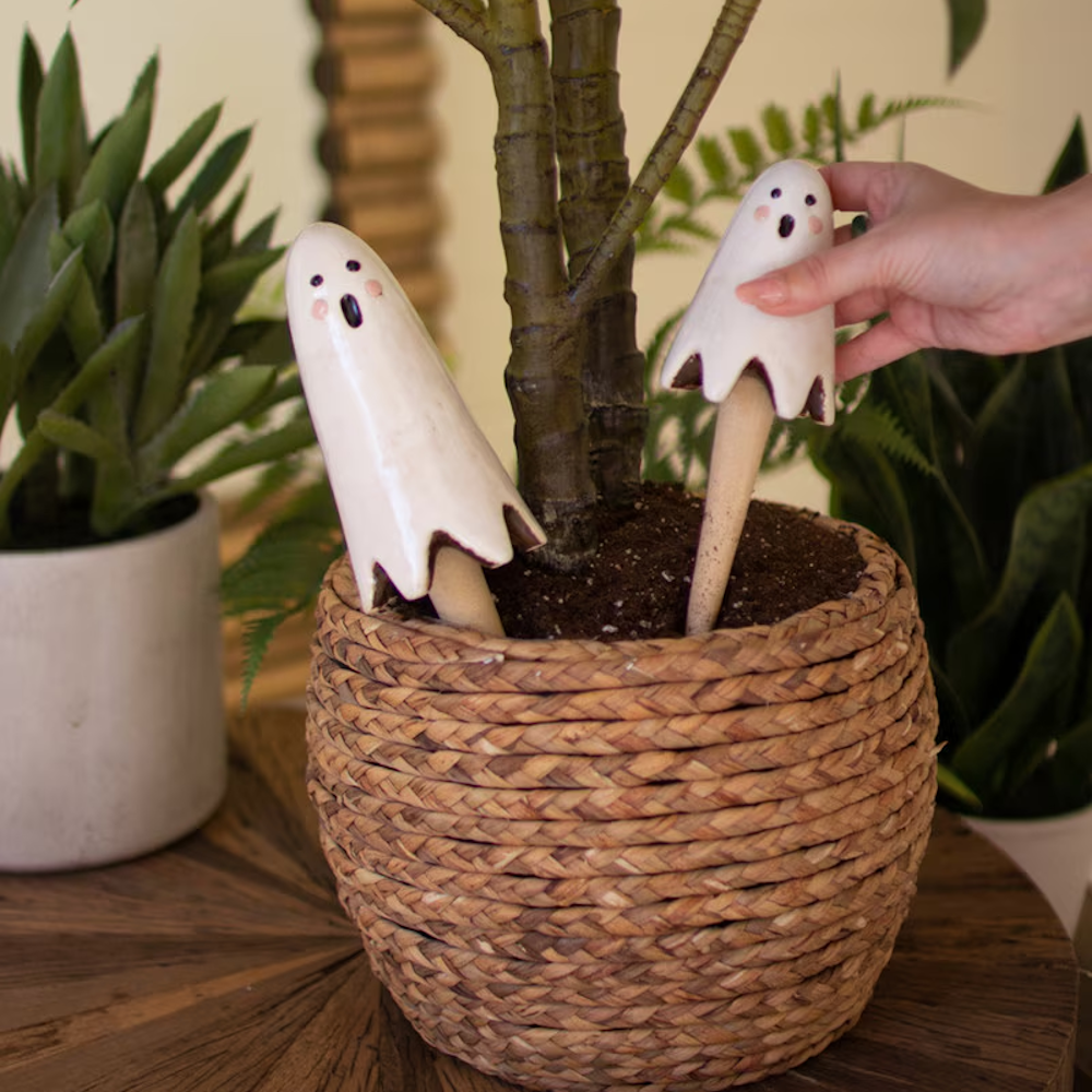 Two cute ceramic ghost plant stakes placed inside a woven potted plant.