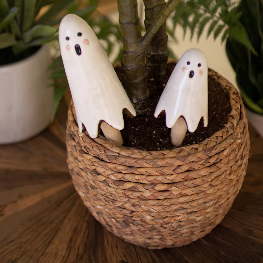 A set of two cute white ceramic ghost plant sticks in a woven potted plant.