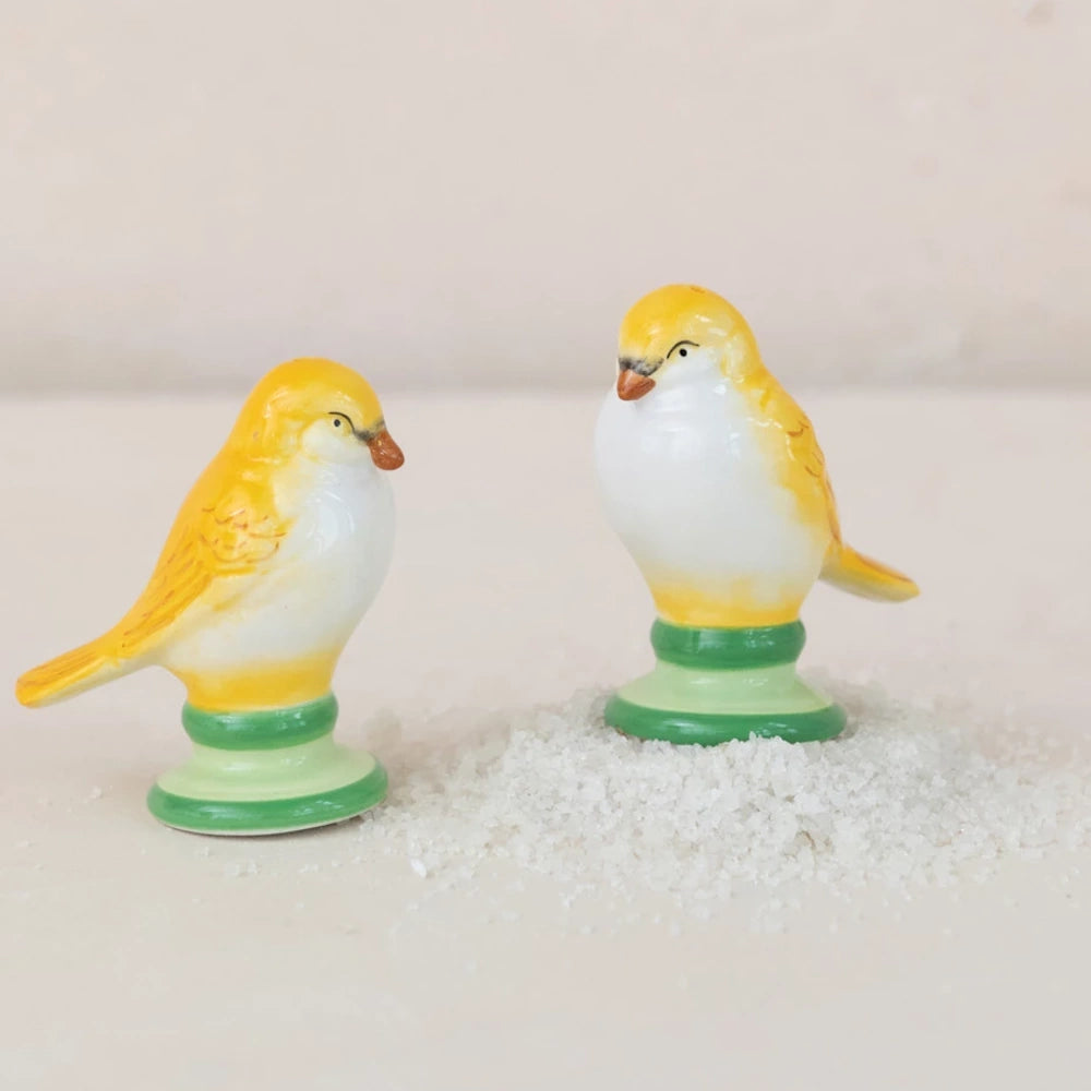 Yellow and white ceramic bird salt and pepper shakers on green pedestals with coarse sea salt.