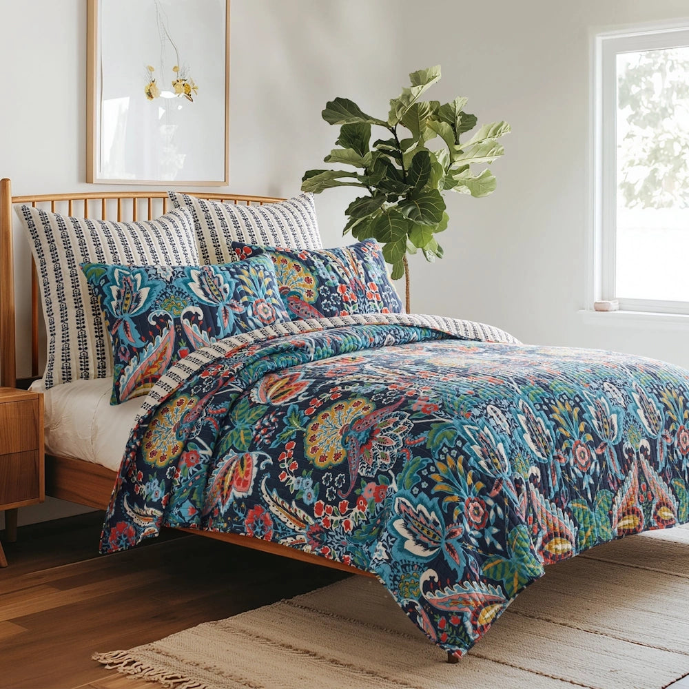 Bed styled with a colorful paisley quilt set, matching pillow shams, and black-and-white Euro shams.