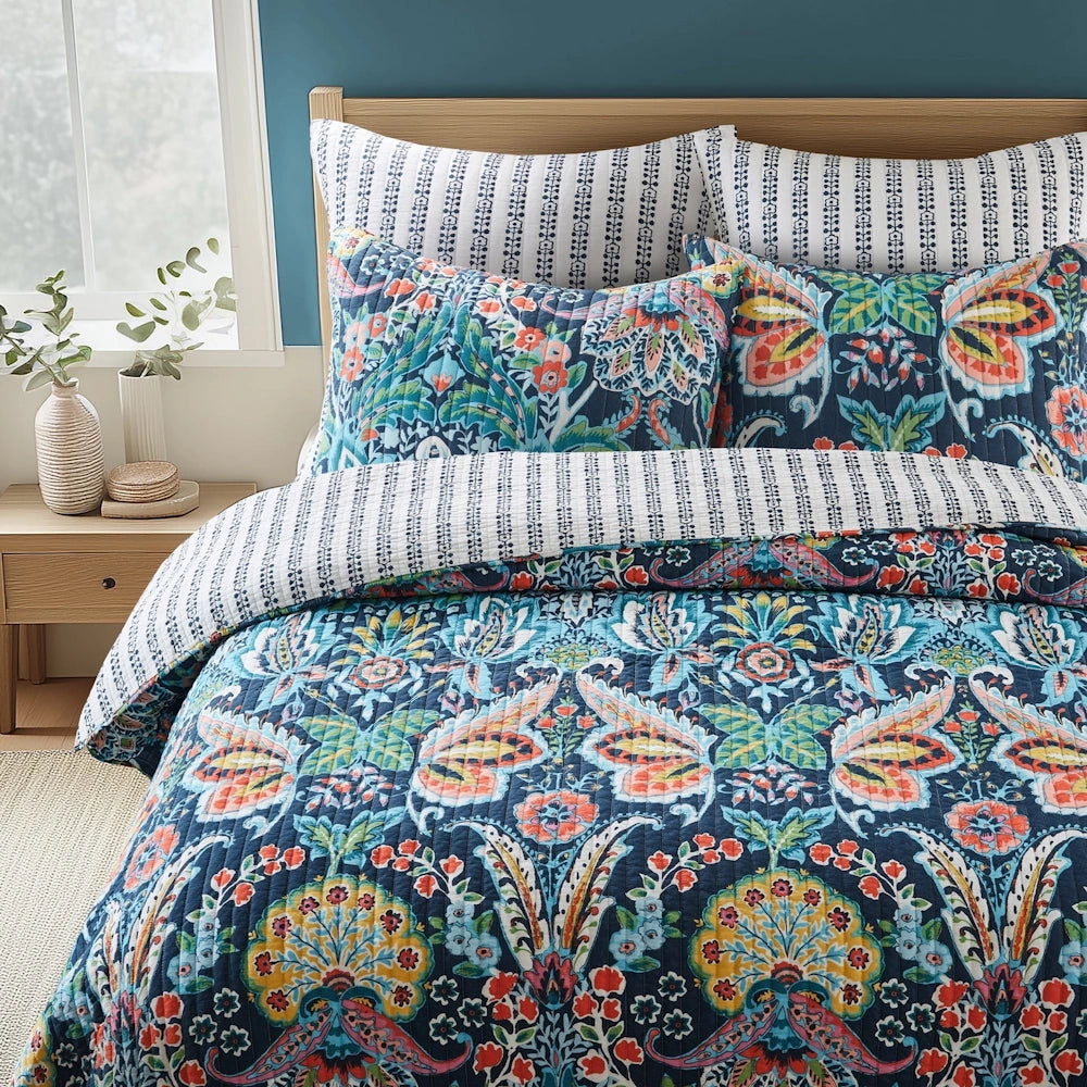 Bed made with a colorful floral quilt and matching pillow shams, paired with black and white striped pillows.