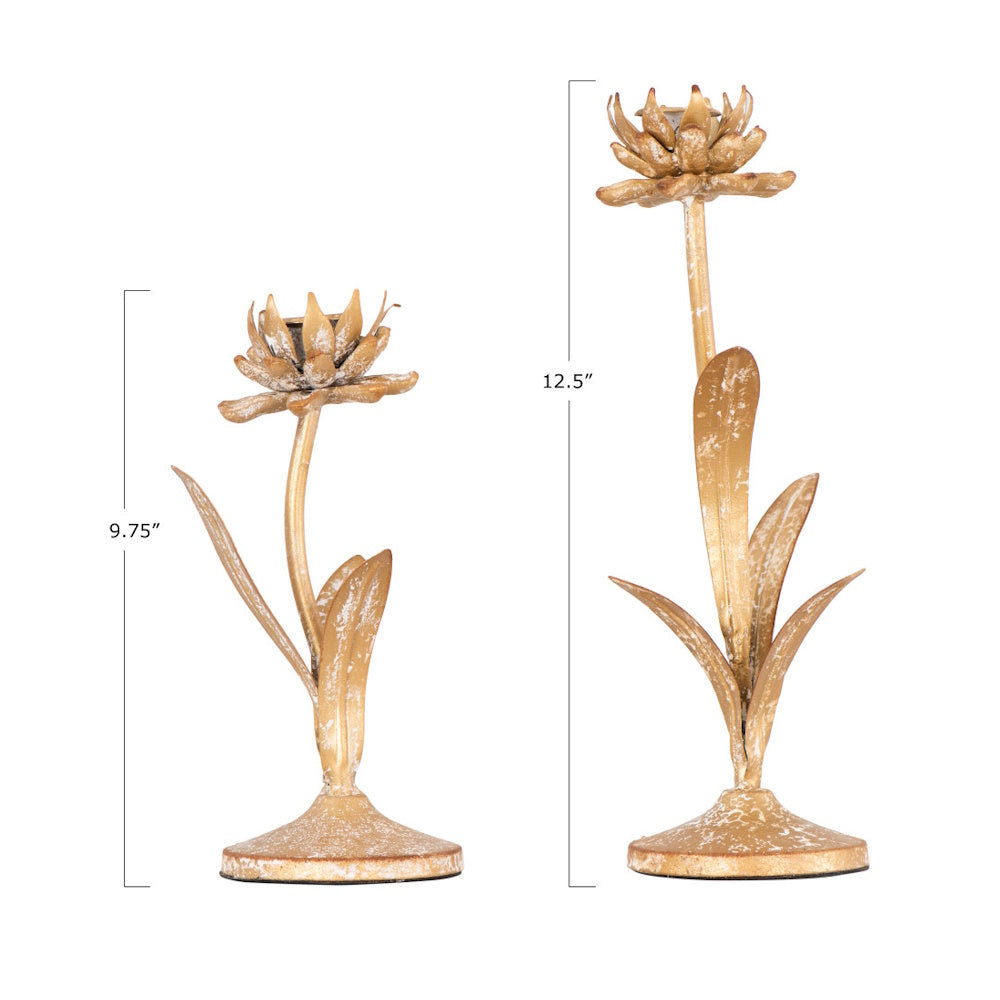 Two gold, flower-shaped taper candle holders in different heights. The short is 9.75" and the tall is 12.5".