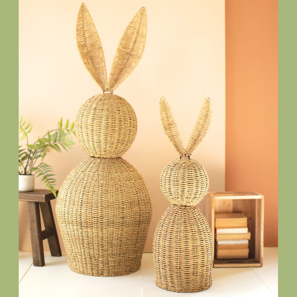 Set of two giant woven vine Easter rabbit statues in different sizes for rustic holiday home decor.