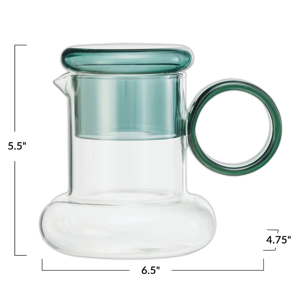 Clear glass pitcher with a green glass lid and circular handle, showing dimensions: 5.5", 6.5", and 4.75".
