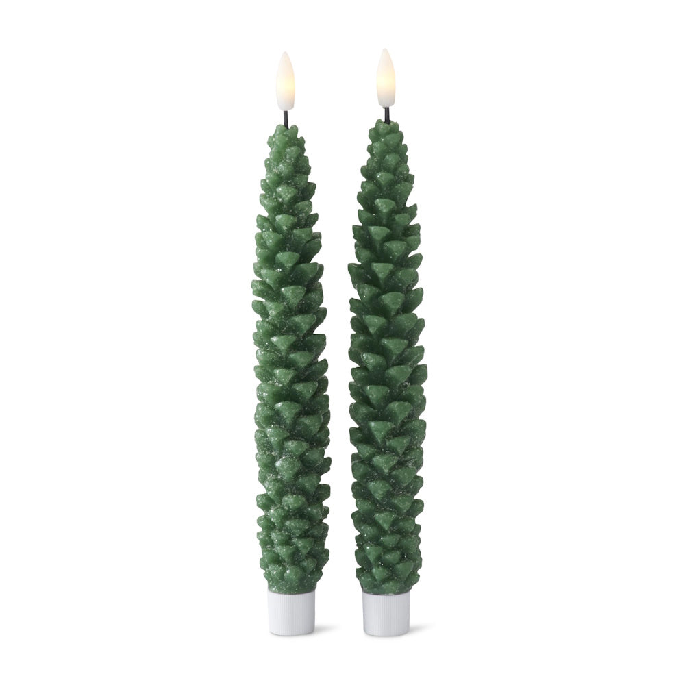 Set of two green wax LED pinecone taper candles with light-up flame tips.
