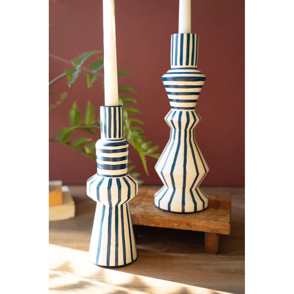 Set of 2 Hand-Painted Wooden Taper Candleholders - Blue