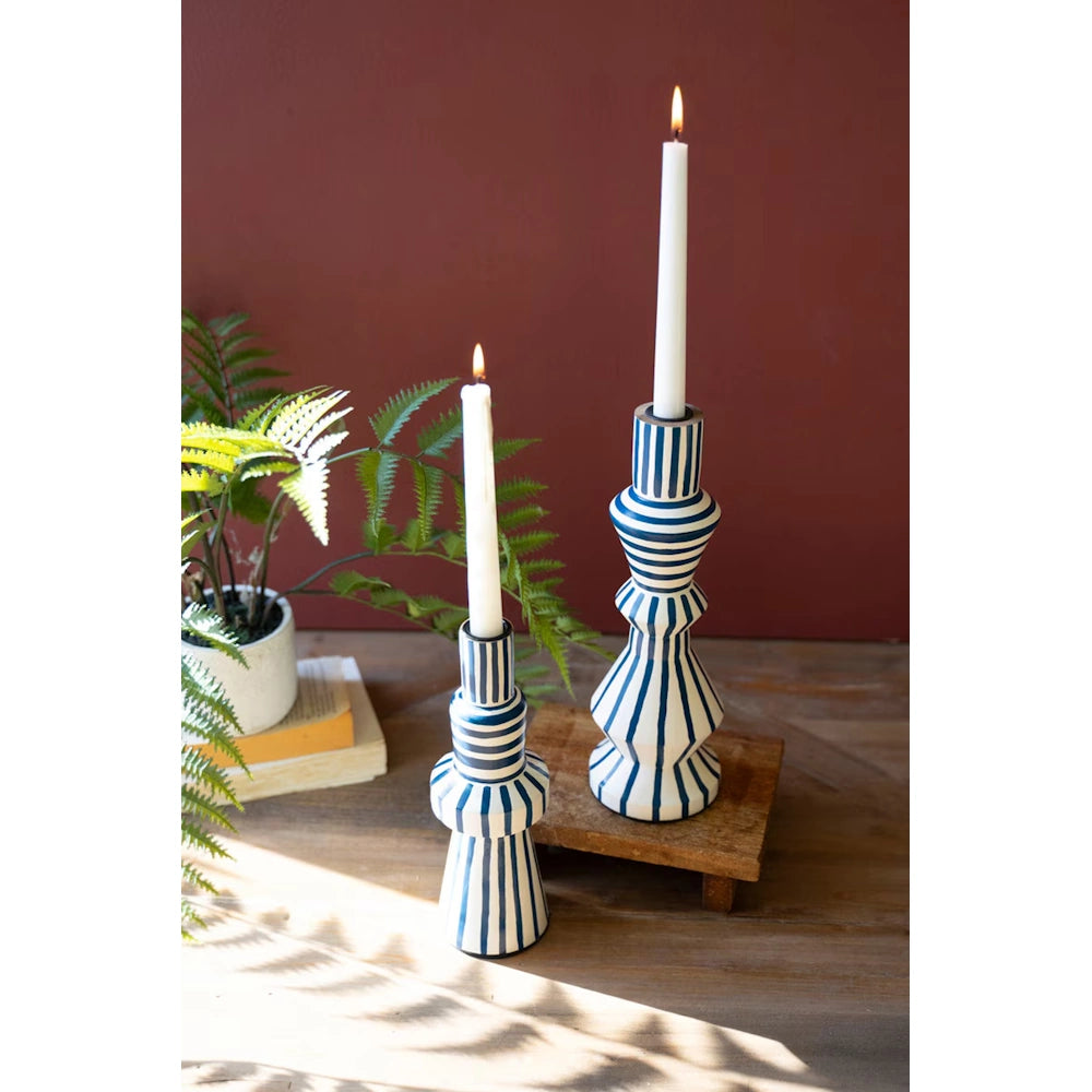 Set of 2 Hand-Painted Wooden Taper Candleholders - Blue — alternate view 2