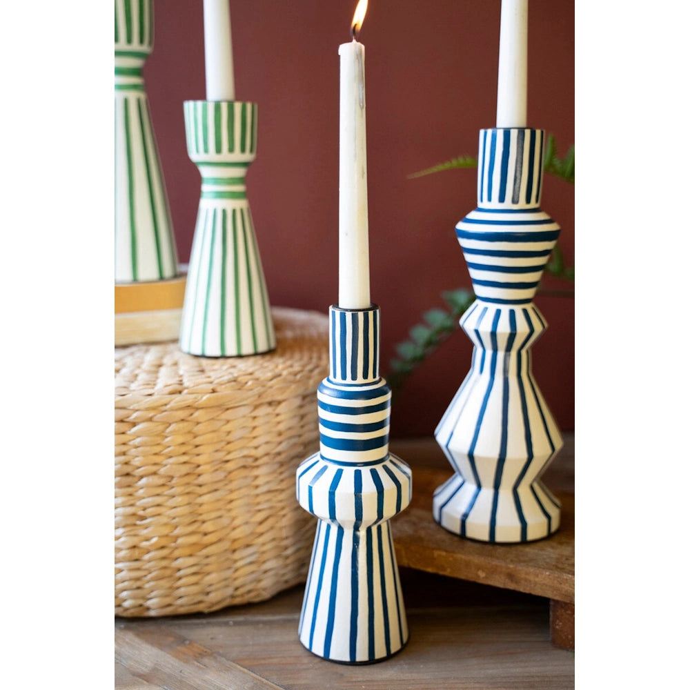 Set of 2 Hand-Painted Wooden Taper Candleholders - Blue — alternate view 3