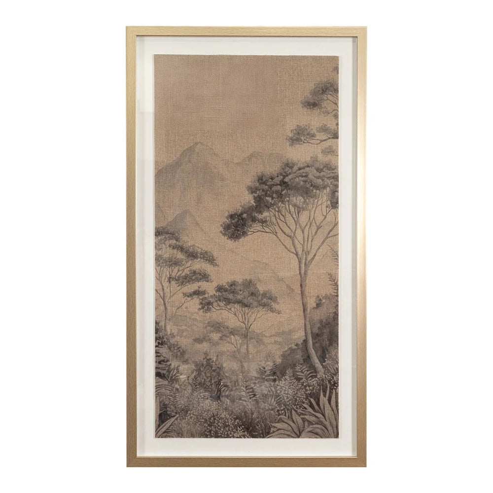 Framed vertical wall art depicting a monochrome mountain landscape on canvas with trees in a gold frame.