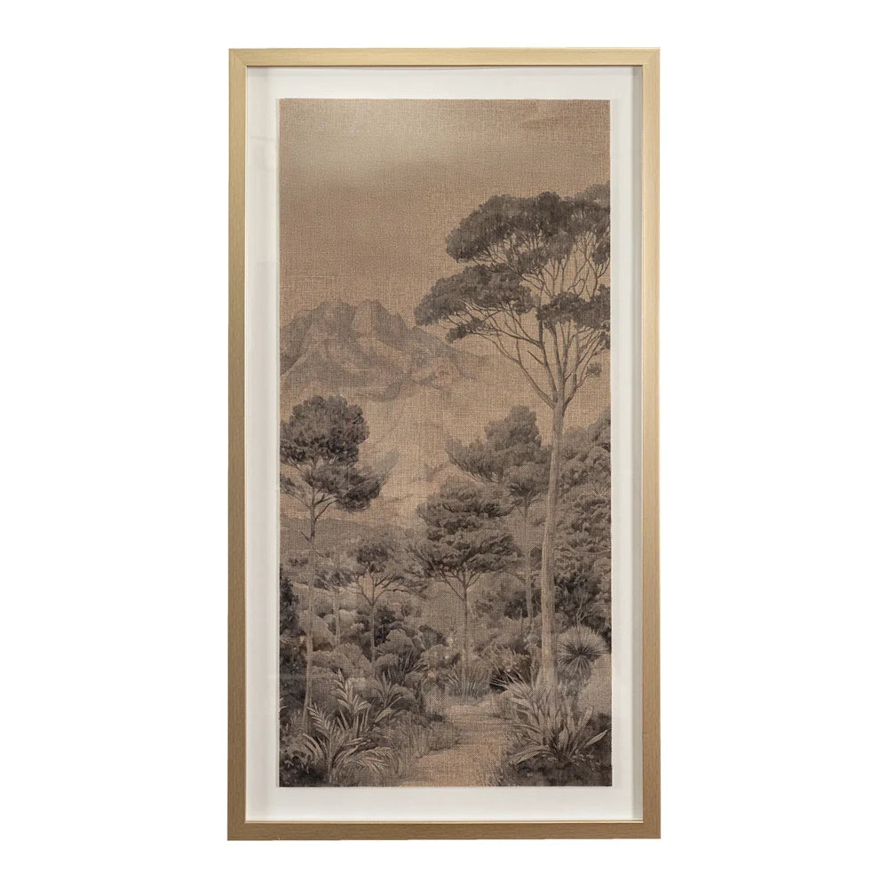 Framed wall art featuring a sketch-style landscape with tall trees and mountains on textured beige canvas.