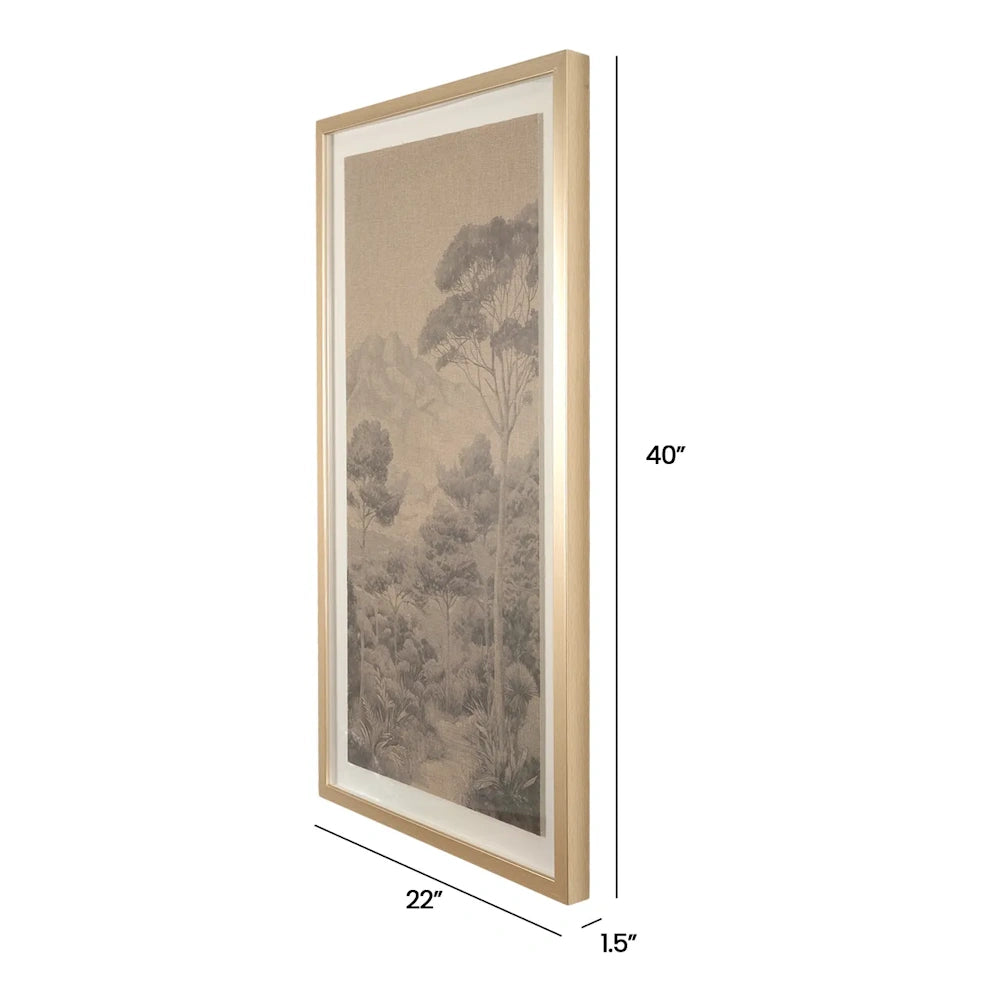 Angled view of framed landscape wall art shown with dimensions: 40 inches high, 22 inches wide, and 1.5 inches deep.