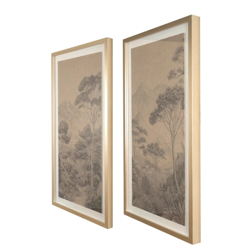 Side view of a set of two framed landscape prints in light wood frames on a white background.