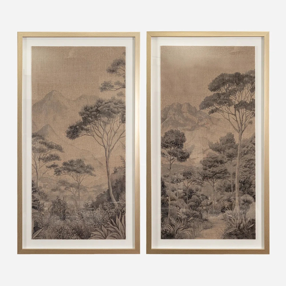 Two-panel framed wall art set depicting a sepia-toned landscape with trees and distant mountains on linen.