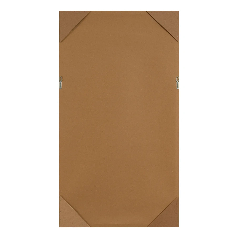 Back of vertical framed wall art featuring a brown backing board, corner guards, and hanging hardware.