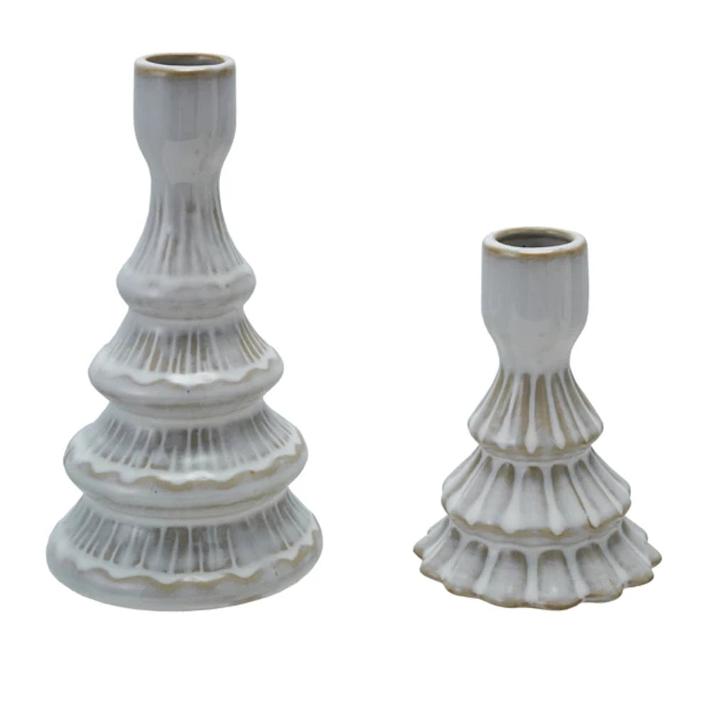 Set of 2 White Stoneware Tree Shaped Taper Holders — alternate view 2