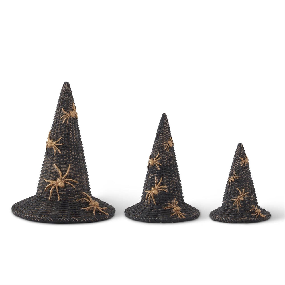 Set of 3 black woven resin witch hats with gold spiders for Halloween decor.