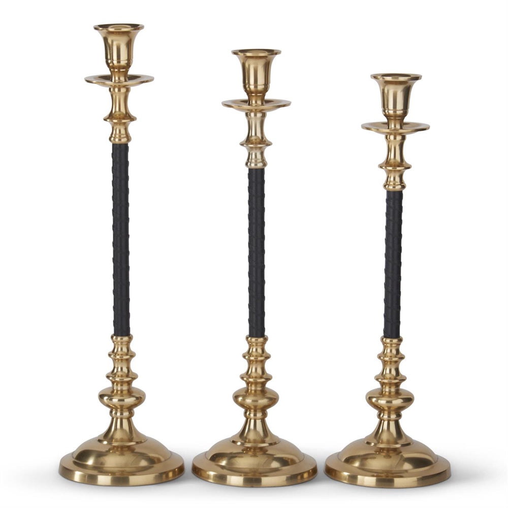 Set of 3 Black Vegan Leather & Gold Taper Candleholders