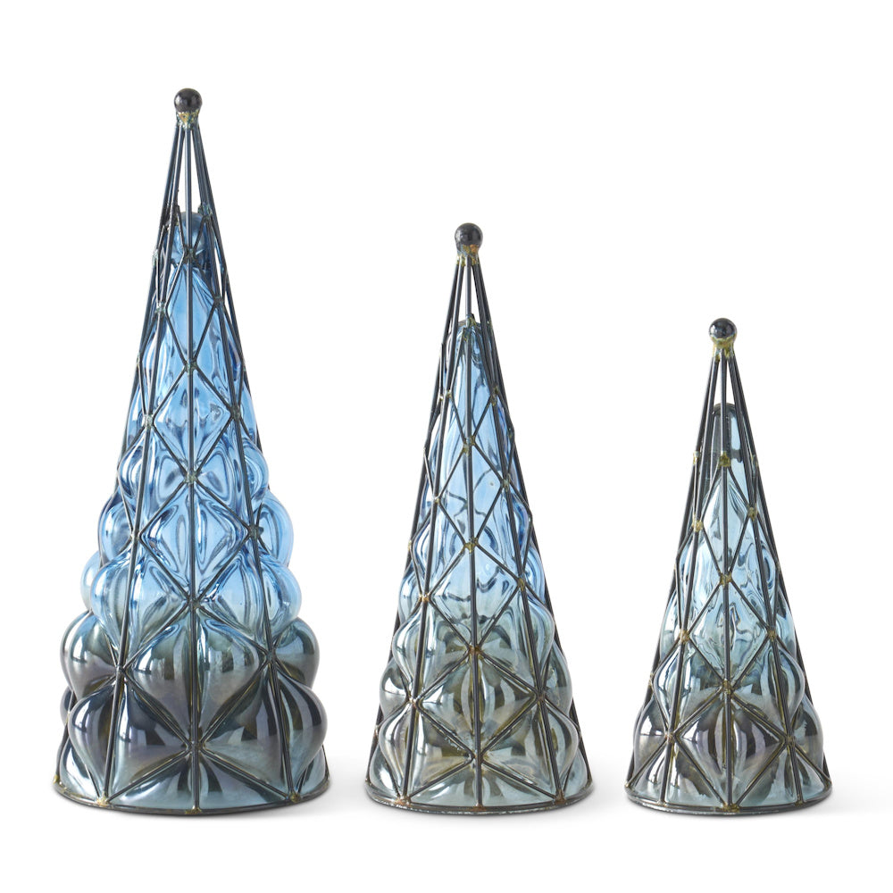 Set of 3 Blue Blown Glass Christmas Trees in Black Metal Frames — alternate view 2