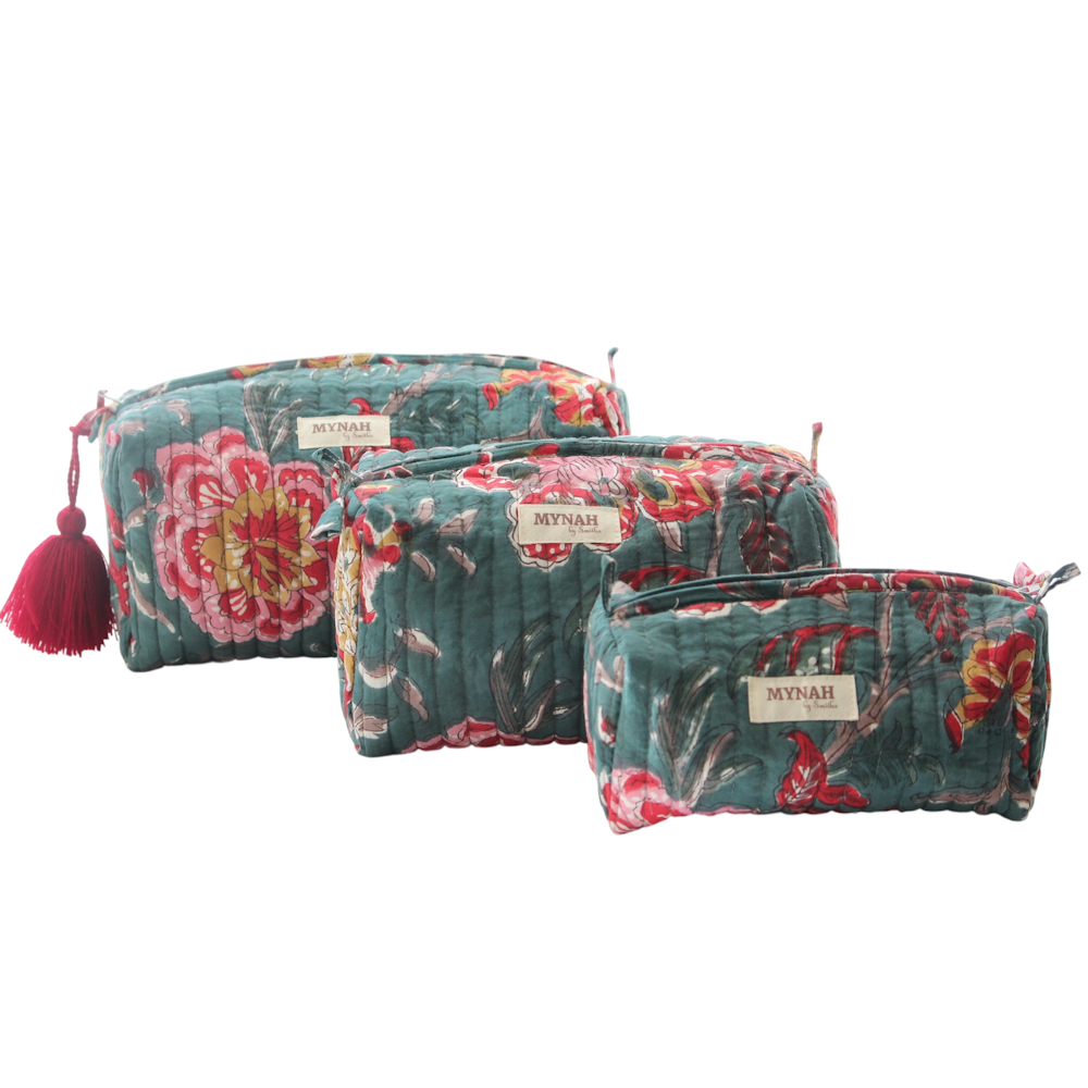 Set of 3 teal quilted floral zipper pouches in small, medium, and large sizes with a red tassel accent.
