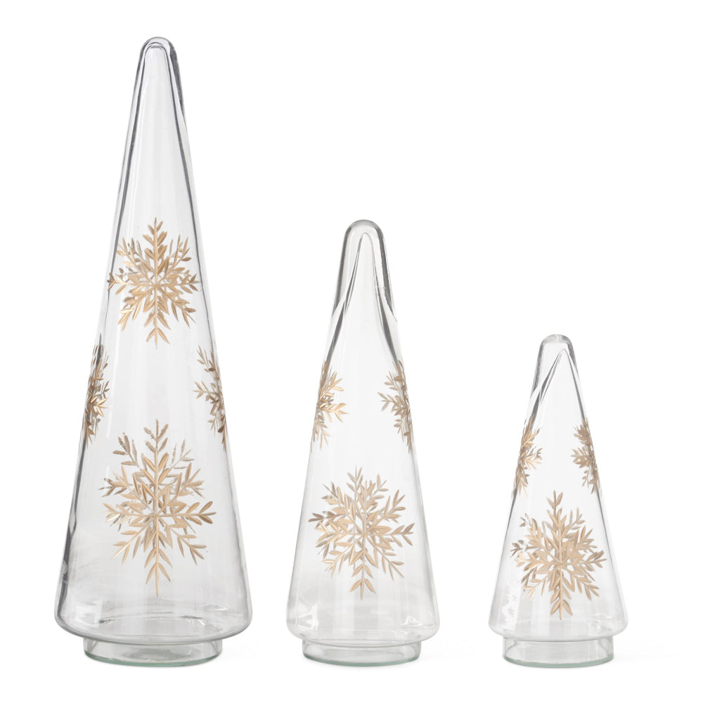 Set of 3 Glass Cone Trees with Gold Etched Snowflakes
