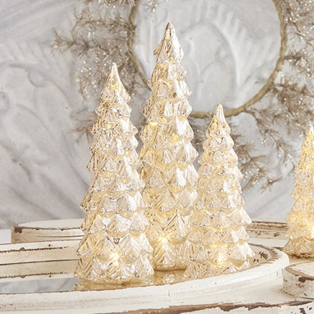 Set of 3 Glittered LED Silver Mercury Glass Tree with Timer