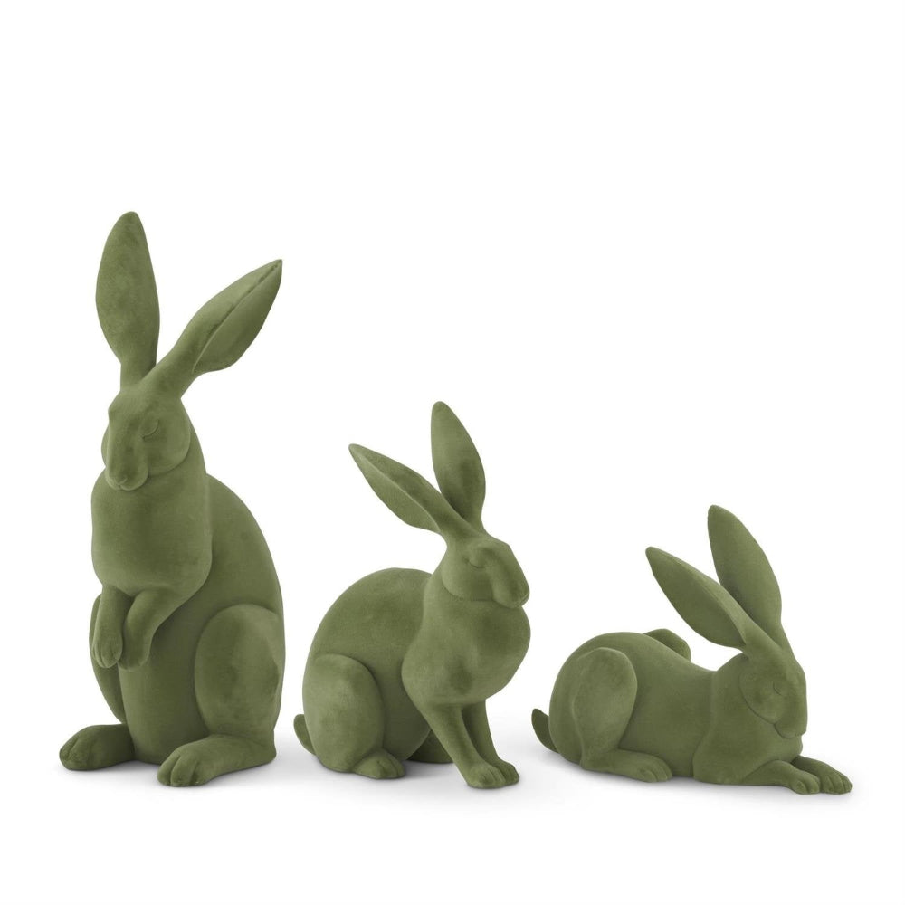 Set of 3 Sage Green Flocked Rabbits