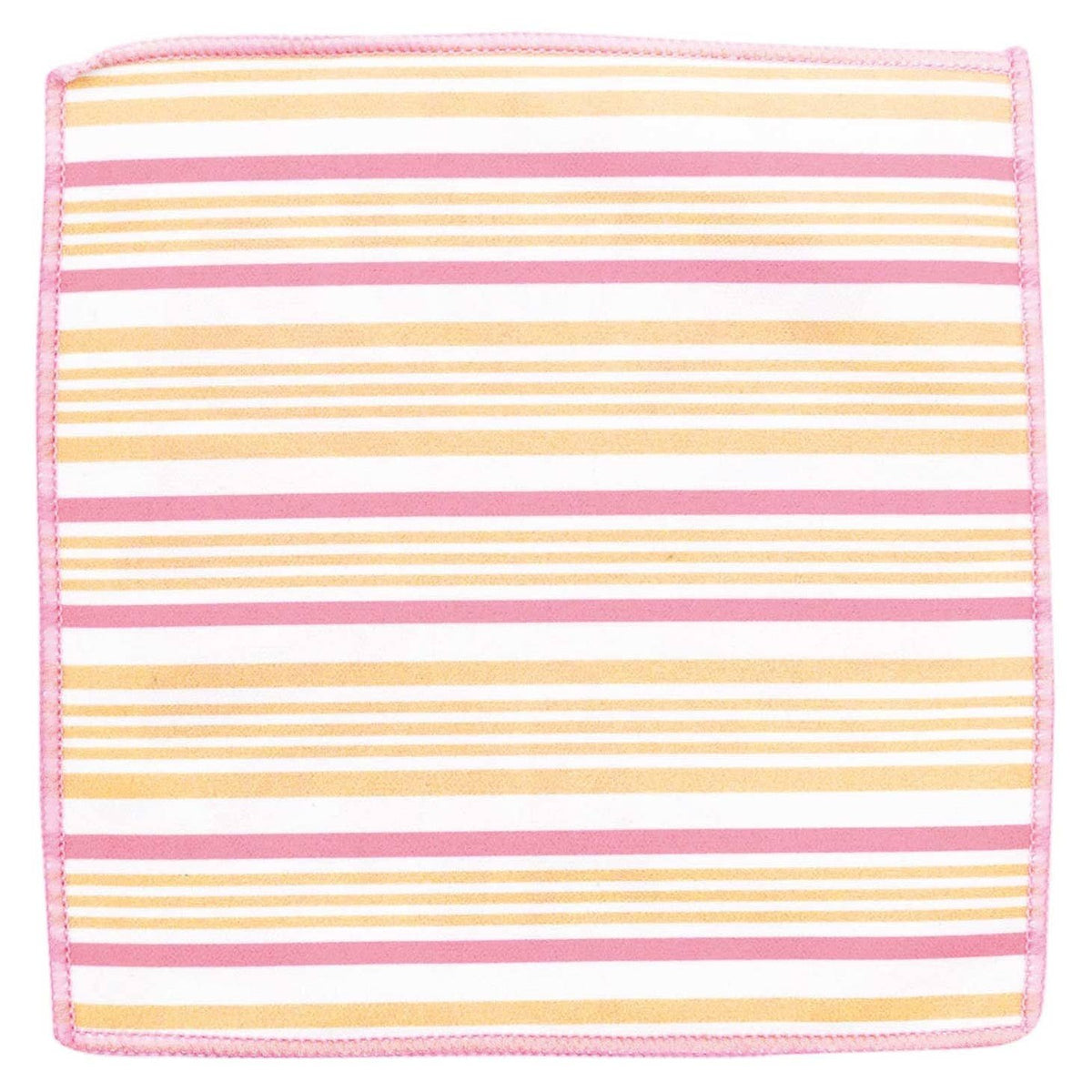 Square fabric napkin featuring a pattern of horizontal pink and yellow stripes on a white background.