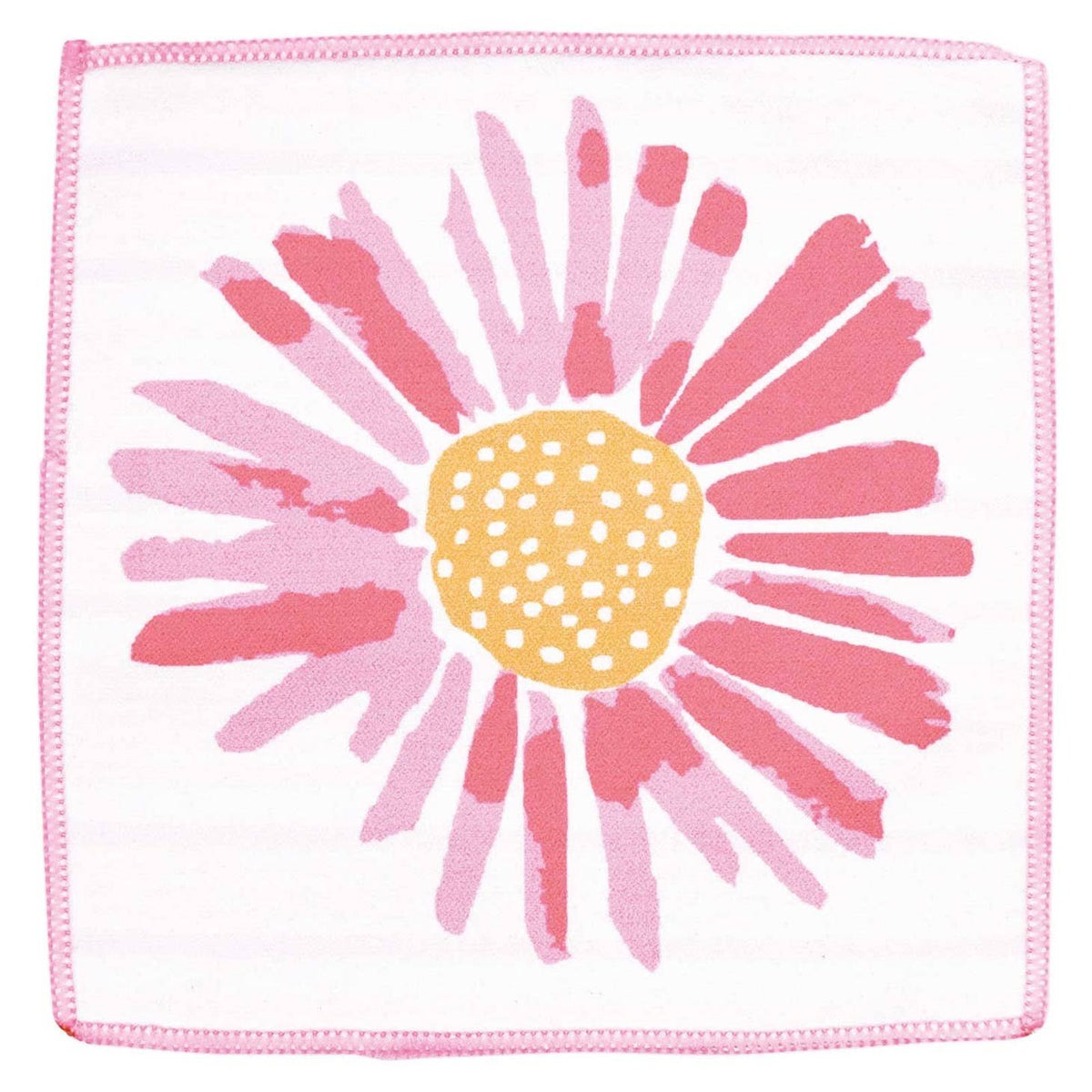 Square white cloth napkin with a pink stitched border and a large painted pink daisy in the center.