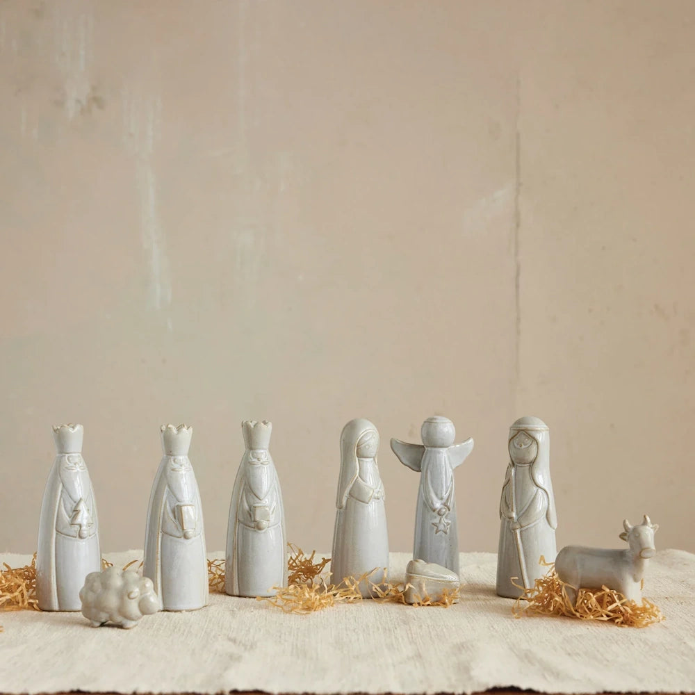 Set of 9 White Stoneware Nativity Set