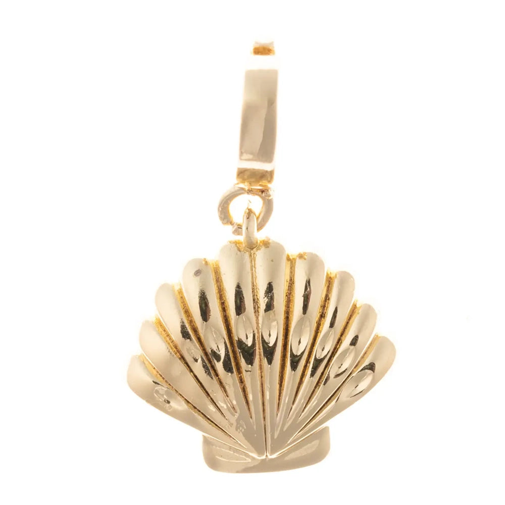 Polished gold seashell pendant charm with ribbed texture details on a white background.