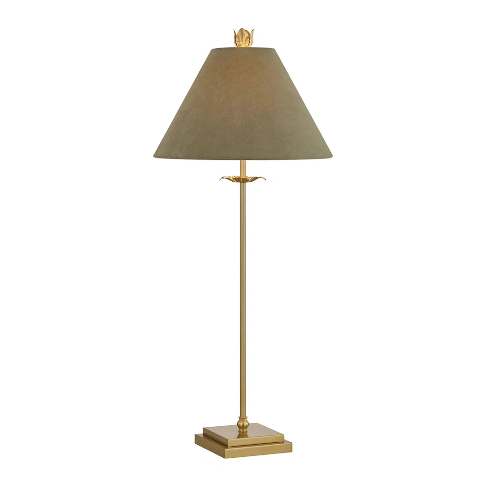 Elegant brass buffet lamp with a slim gold stem and a tapered sage green fabric lampshade.