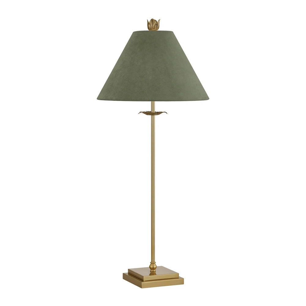 Elegant gold buffet lamp with a tapered sage green velvet shade and floral finial on a square base.
