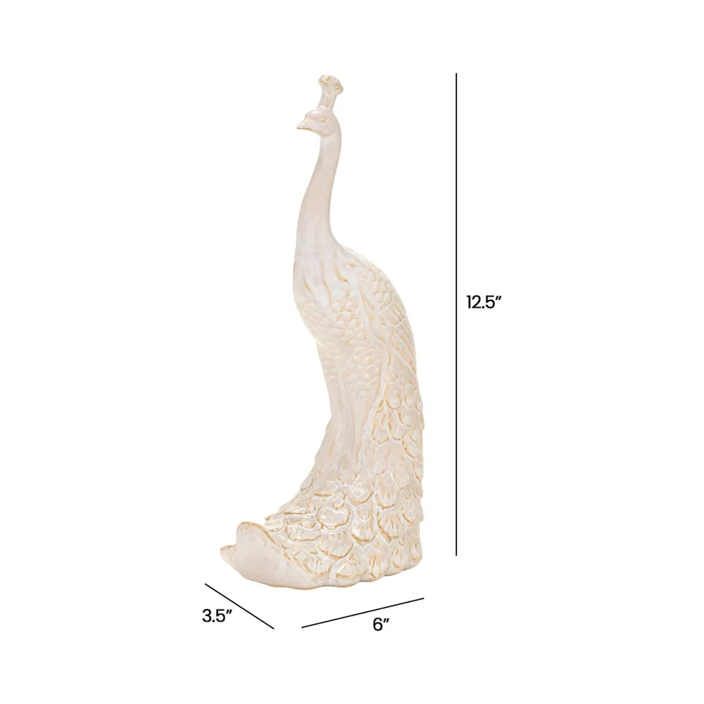 Small glossy off-white ceramic peacock figurine with dimensions labeled: 12.5" H, 6" W, and 3.5" D.