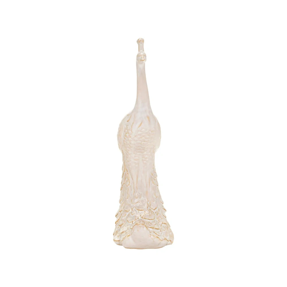Elegant white and gold peacock figurine with textured plumage against a plain white background.