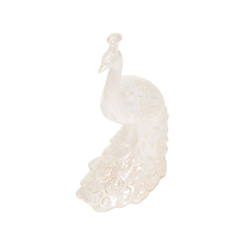 Cream-colored ceramic peacock figurine with a crest and detailed, textured tail feathers.