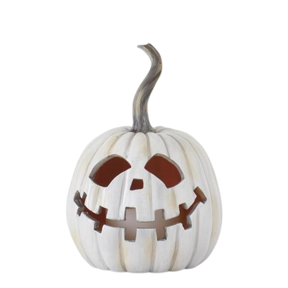 White resin Halloween jack-o'-lantern pumpkin with a stitched smile cutout on a white background.