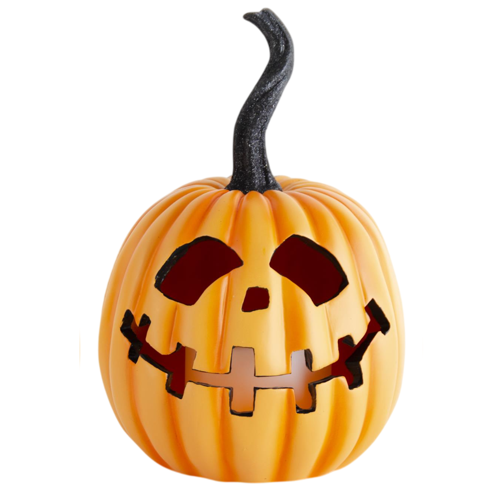 Orange resin LED flicker flame Jack-o'-lantern pumpkin with a short smile and long black stem on white.