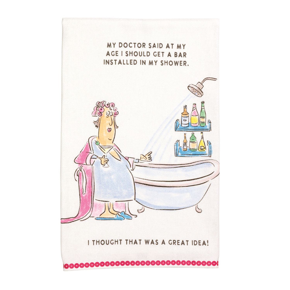 Funny kitchen towel featuring a cartoon woman holding a drink beside a shower filled with liquor bottles.