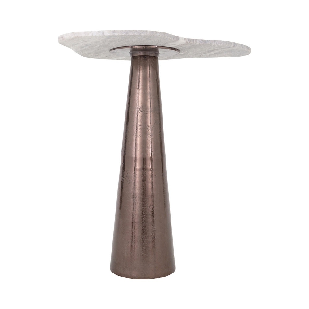 Modern side table with an irregular white marble top and a metallic bronze, cone-shaped pedestal base.