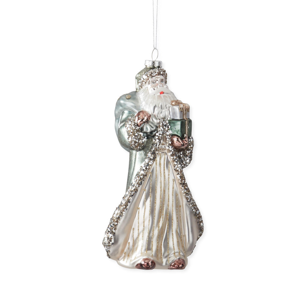 Silver Coat Blown Glass Vintage Santa Ornament with Presents