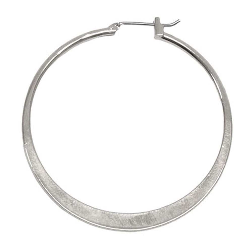 Large silver-toned flat hoop earring with a polished finish and a classic latch closure on a white background.