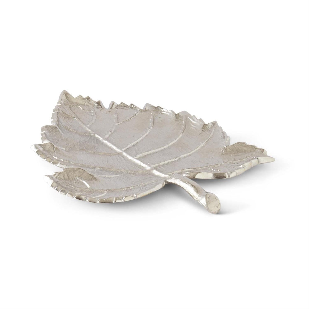 Decorative metallic silver leaf-shaped tray with detailed veins and a stem.