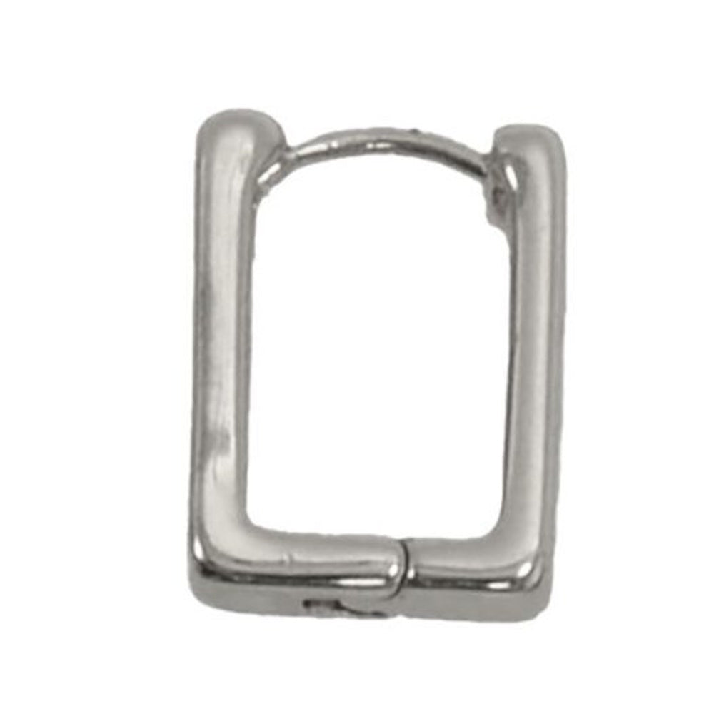 Polished silver rectangular huggie hoop earring with a secure hinge closure on a white background.