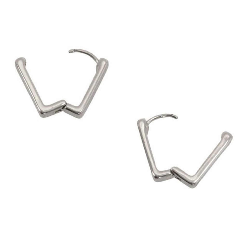 Two silver rectangular huggie hinge hoop earrings shown in an open position against a white background.