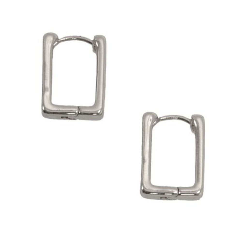 Pair of silver rectangular huggie hoop earrings with a polished finish and hinge closure on a white background.