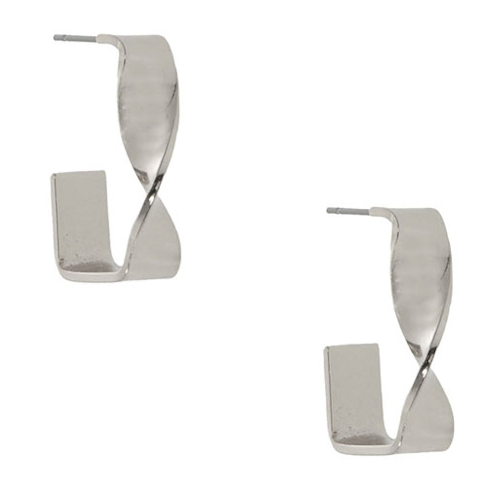 Silver twisted rectangular hoop earrings with a polished finish and post back on a white background.